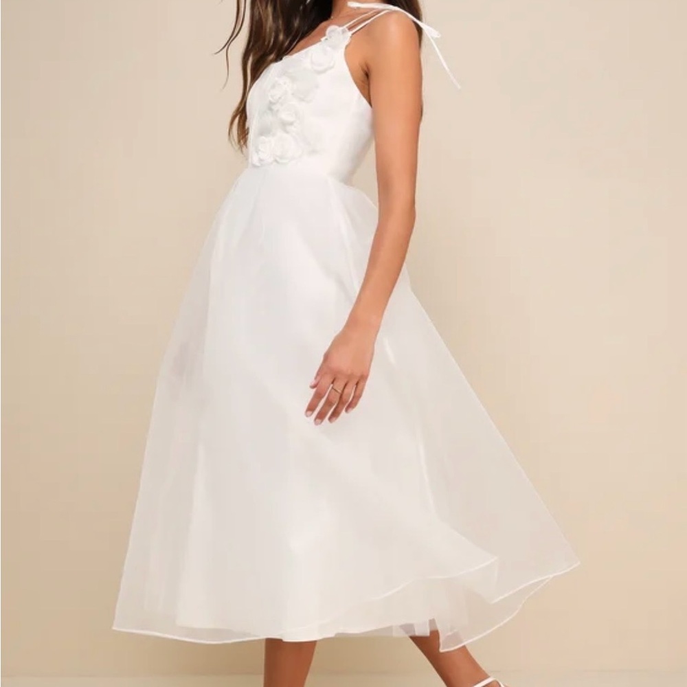 Intentionally Darling White Organza Tie-Strap Rosette Midi Dress - Picture 2 of 5